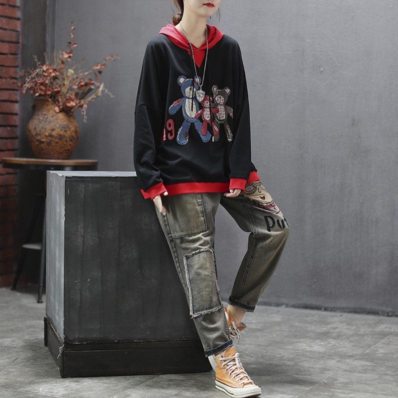 Casual Hoodie Met Lange Mouwen Met Beerprint