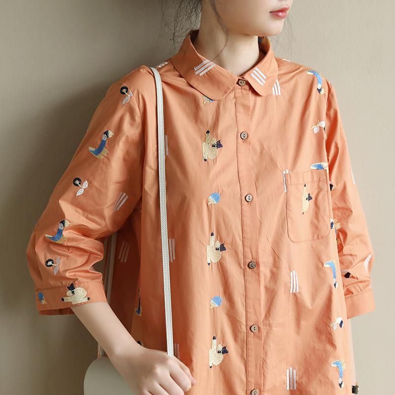 Losse Casual Geborduurde Oranje Halflange Overhemdjurk