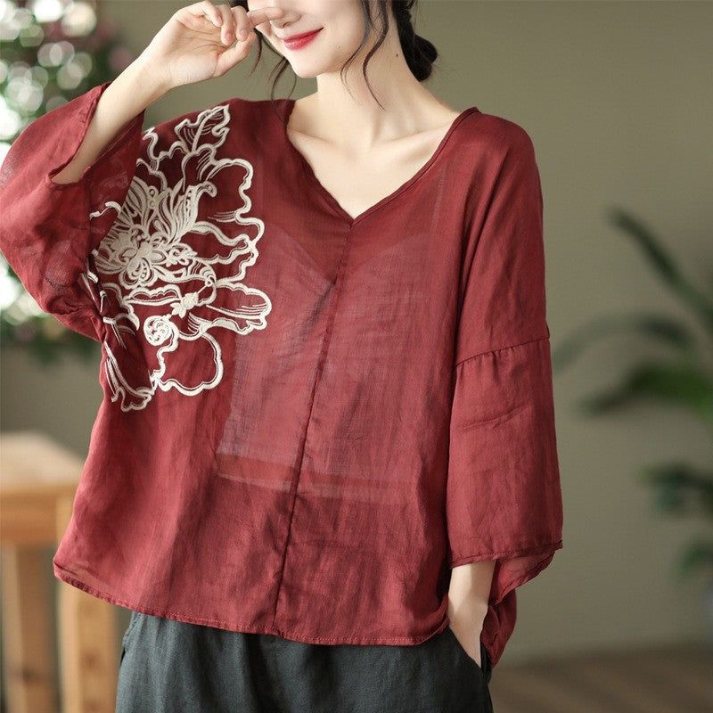 Plus Maat Zomer Dun Linnen Los T-shirt Met Lange Mouwen
