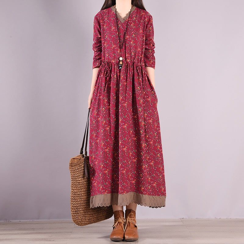 Lente Retro Bloemenprint Ruffle Hollow Katoen Linnen Jurk