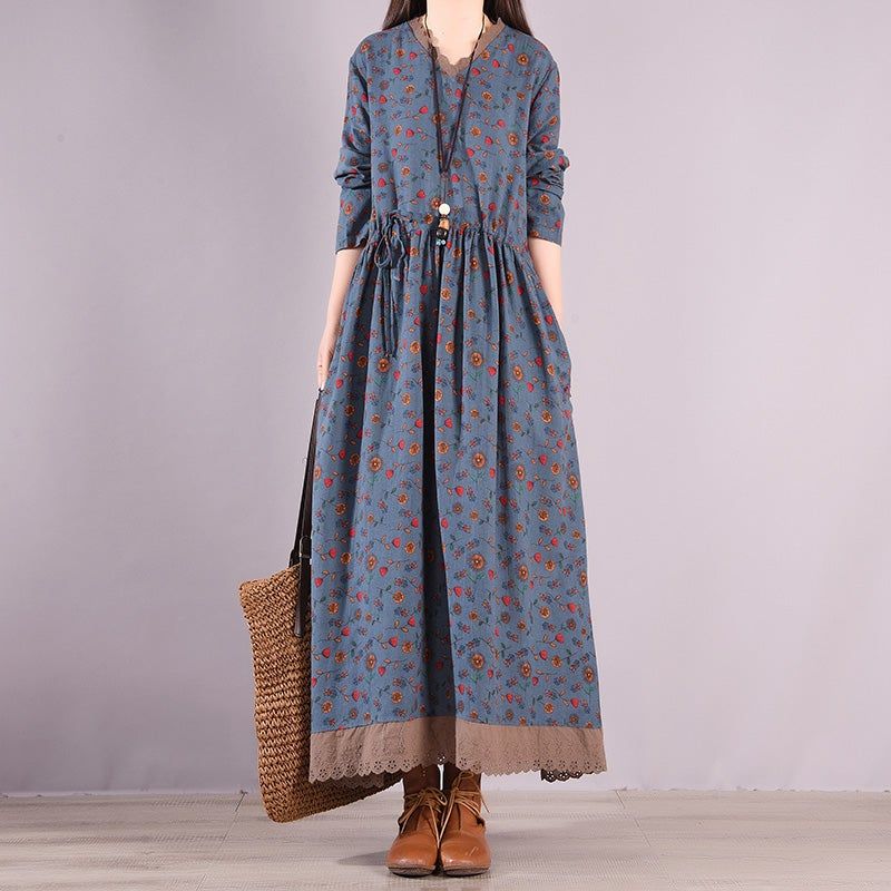Lente Retro Bloemenprint Ruffle Hollow Katoen Linnen Jurk