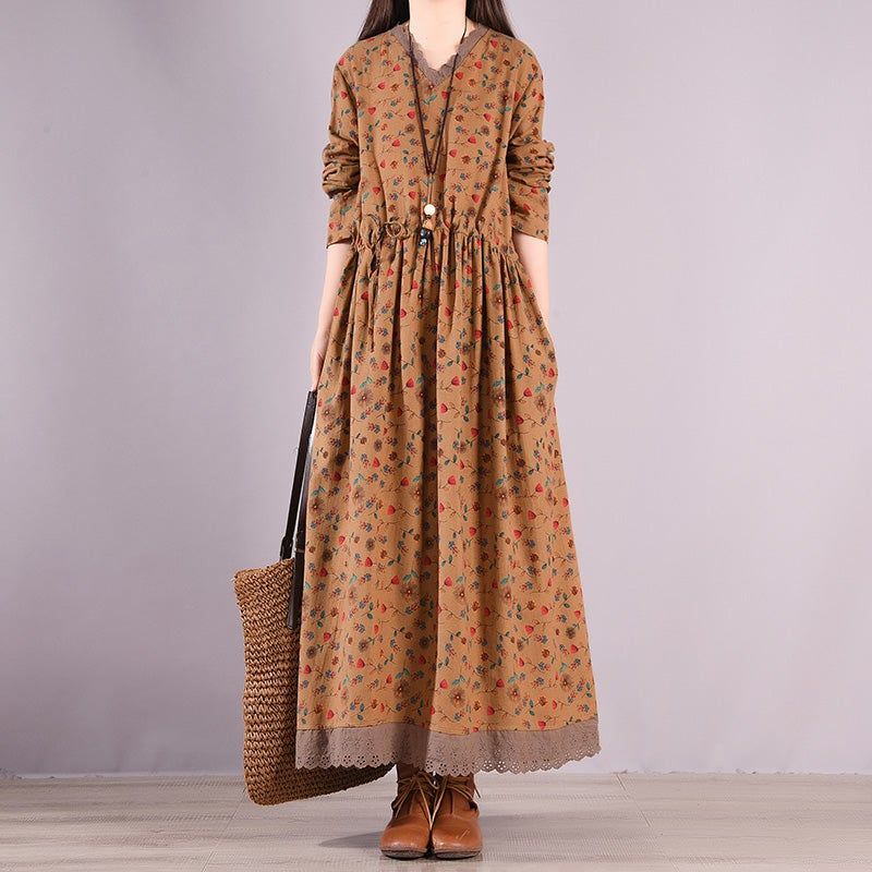 Lente Retro Bloemenprint Ruffle Hollow Katoen Linnen Jurk