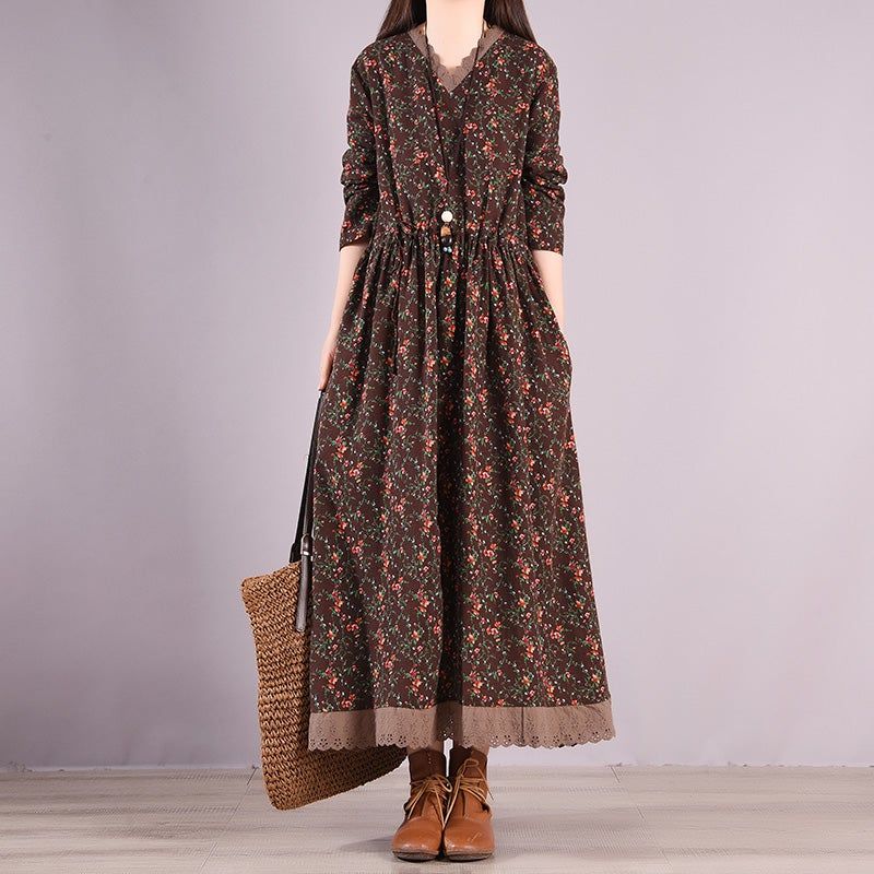Lente Retro Bloemenprint Ruffle Hollow Katoen Linnen Jurk