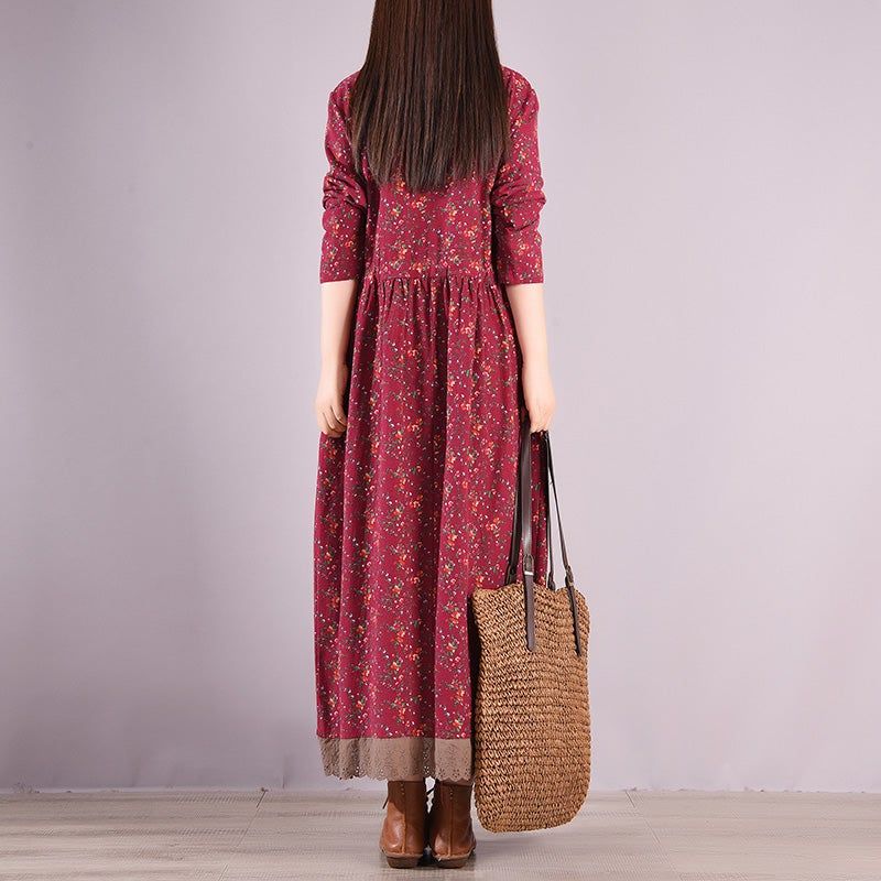 Lente Retro Bloemenprint Ruffle Hollow Katoen Linnen Jurk