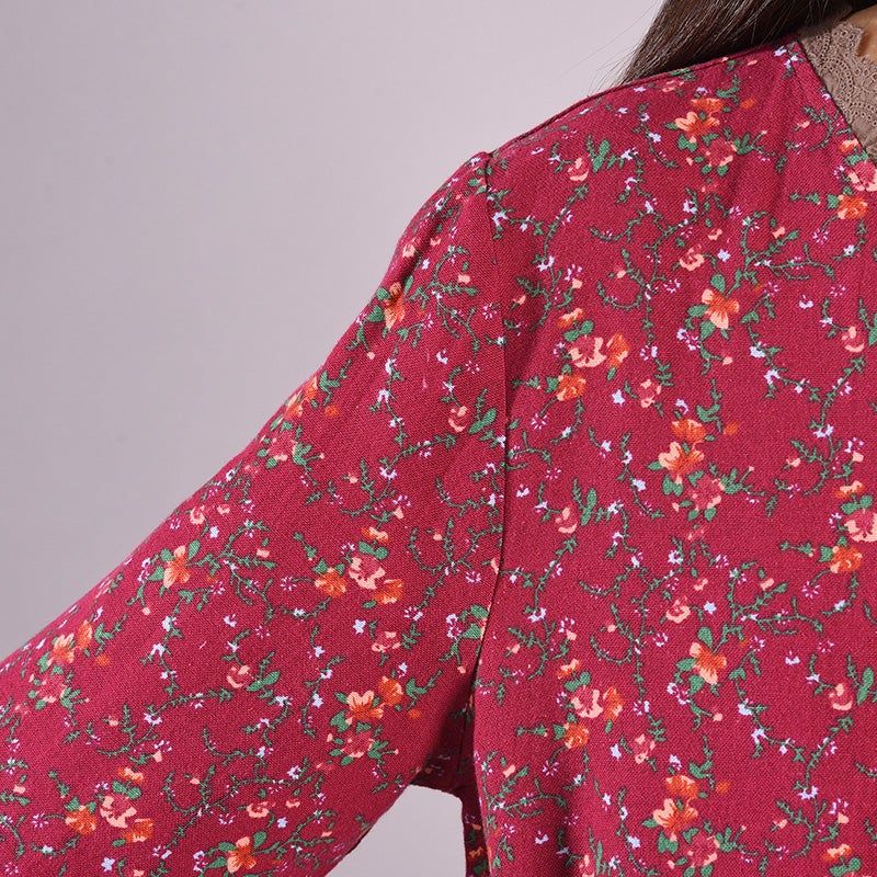 Lente Retro Bloemenprint Ruffle Hollow Katoen Linnen Jurk