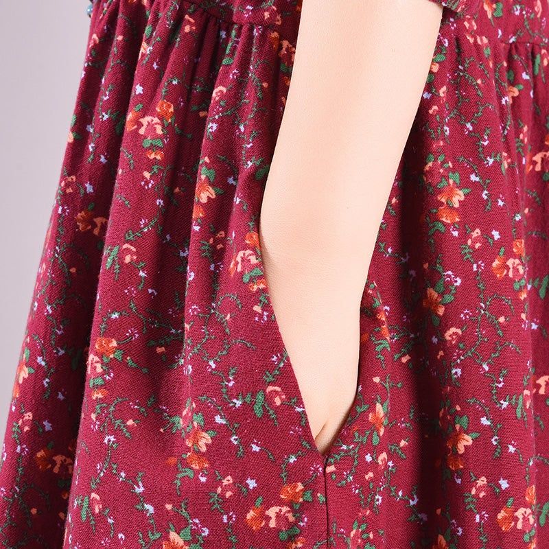 Lente Retro Bloemenprint Ruffle Hollow Katoen Linnen Jurk