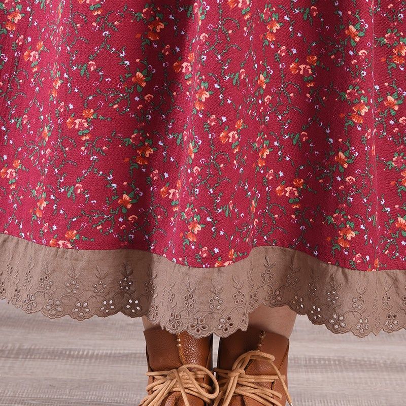Lente Retro Bloemenprint Ruffle Hollow Katoen Linnen Jurk