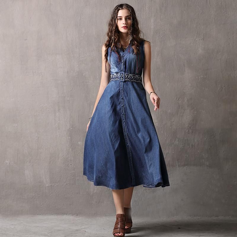 Mouwloze Denim Casual Retro Borduurjurk