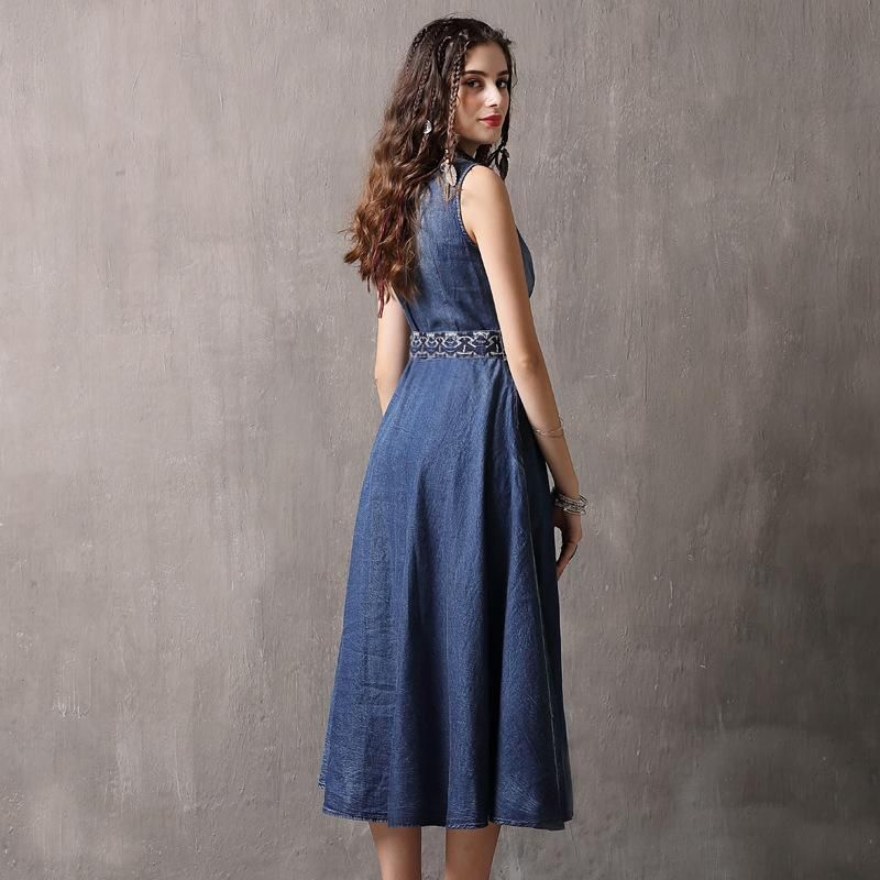 Mouwloze Denim Casual Retro Borduurjurk