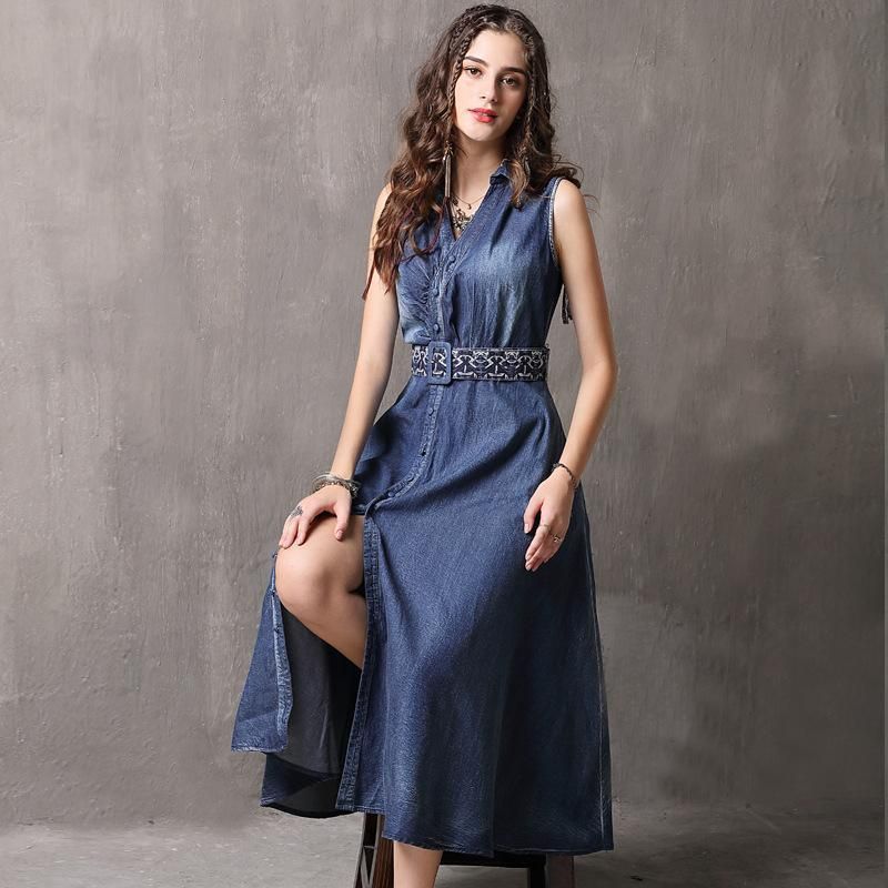 Mouwloze Denim Casual Retro Borduurjurk